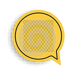 Black Chain Fence icon isolated on white background. Metallic wire mesh pattern. Yellow speech bubble symbol. Vector
