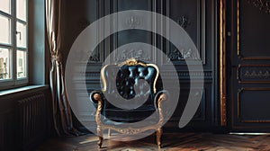 A black chair sitting in front of a window with gold trim, AI