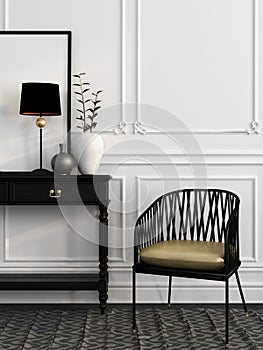 Black chair and table against a white wall