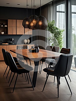 Black chairs and leather sofa at wooden dining table. Interior design of modern dining room