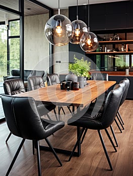 Black chairs and leather sofa at wooden dining table. Interior design of modern dining room