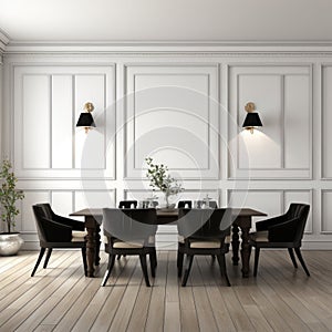 Black chairs and wooden dining table against of classic white paneling wall. Interior design of modern dining room. 3d rendering