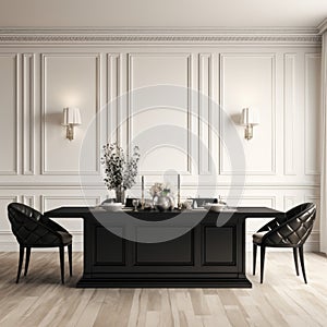 Black chairs and wooden dining table against of classic white paneling wall. Interior design of modern dining room. 3d rendering