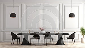 Black chairs and wooden dining table against of classic white paneling wall. Interior design of modern dining room. 3d rendering