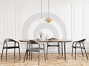 Black chairs and wooden dining table against of classic white paneling wall. Interior design of modern dining room. 3d rendering