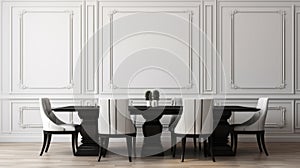 Black chairs and wooden dining table against of classic white paneling wall. Interior design of modern dining room. 3d rendering