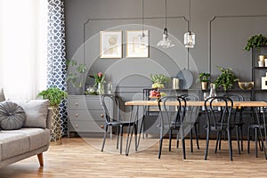 Black chairs at wooden dining table in grey living room interior