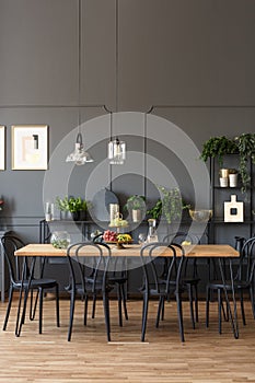 Black chairs at wooden table in grey dining room interior with l