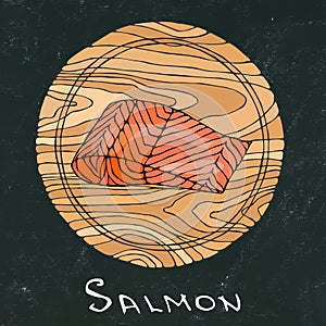 Black Chalk Board Background. Filet of Raw Salmon Fish on Round Cutting Board. Fish Cut Slice For Cooking, Holiday Meals