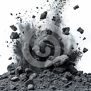 Black chalk pieces and powder flying, explosion effect isolated on white, clipping path