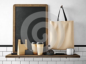 Black chalkboard on bookshelf with coffee set. 3d rendering