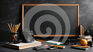 Black chalkboard mockup with flat lay school and office supplies on a white background