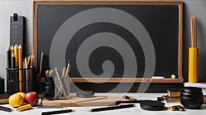 Black chalkboard mockup with flat lay school and office supplies on a white background