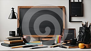 Black chalkboard mockup with flat lay school and office supplies on a white background