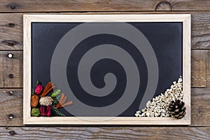 Black chalkboard with wooden frame.