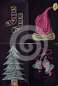 Hand Drawn Doodle Christmas Tree Chalk, santa hat, socks, bell