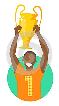 Black champion with winner cup, flat design, isolated image on white, the best concept