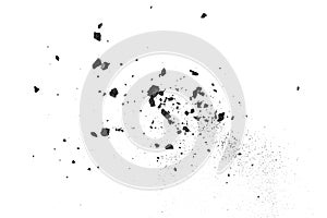 Black charcoal dust isolated on white background, top view. Charcoal particles