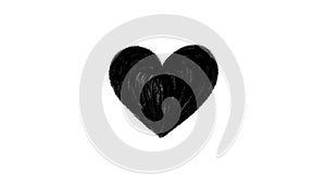 Black charcoal hand drawn heart, stop motion animation isolated on a white background