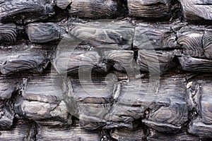 Black charred wood. Burned tree texture background. Burnt log pattern.