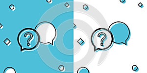 Black Chat question icon isolated on blue and white background. Help speech bubble symbol. FAQ sign. Question mark sign