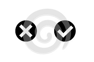 Black check mark and black cross on white background. Right or wrong icon set vector