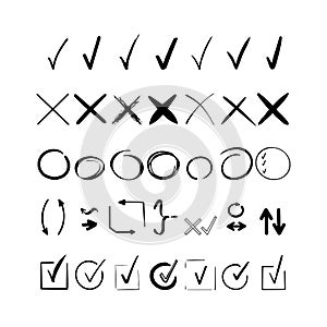 Black check mark. Hand drawn tick V X yes no ok sign. Checkbox chalk icon, sketch checkmark. Graphic design doodle element list photo