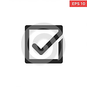 A black check mark inside a black square box against a white background. The check