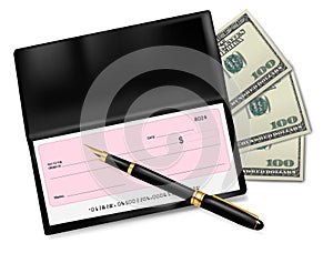 Black checkbook with check, pen and dollars