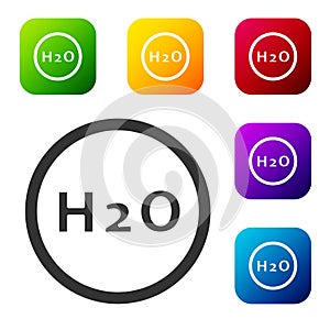 Black Chemical formula for water drops H2O shaped icon isolated on white background. Set icons in color square buttons