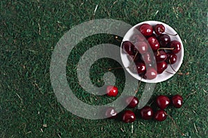 Black cherries in a bowl isolated on green grass background flat lay. Image contains copy space