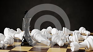 Black chess king among lying white pawns on a chessboard. 3D rendering illustration.