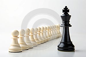 Black chess king standing ahead of white pawns on white background- Strategy and competition concept - generated by ai