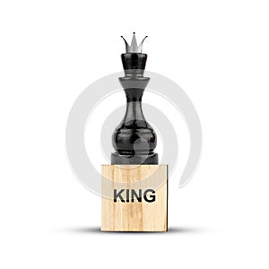 Black Chess King, on a wooden block. Isolated on a white background. The game. Training. Education