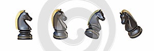 Black chess Knight in four different angled views 3D