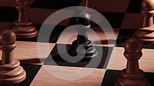 Black chess pawn surrounded by white pawns 3D animation