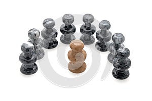 Black chess pieces half circle white piece pawns