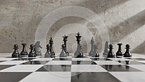 Black chess pieces in a row background. 3d
