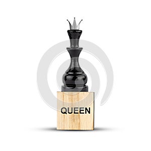 Black chess queen, on a wooden block. Isolated on a white background. The game. Training. Education