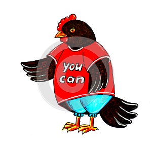 Black chicken in red tank top and blue pants