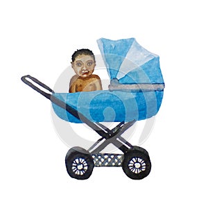 Black child in blue stroller for a newborn baby, watercolor illustration on white