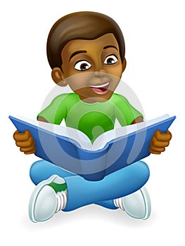 Black Child Boy Cartoon Kid Reading Book