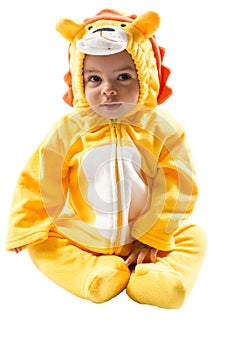 Black child boy,dressed in lion carnival suit, isolated on white background. Baby zodiac - sign Leo.