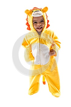 Black child boy,dressed in lion carnival suit, isolated on white background. Baby zodiac - sign Leo