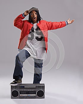 Black child, wow and portrait with radio for hip hop, rap and swag dance with cool clothes in studio. Smile, teen