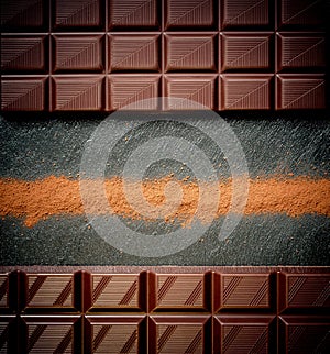 Black chocolate bar, cocoa powder