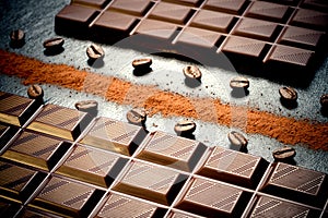 Black chocolate bar, coffee beans, cocoa powder