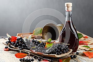 Black chokeberry and bottle with juice .