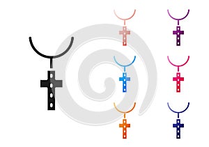 Black Christian cross on chain icon isolated on white background. Church cross. Set icons colorful. Vector