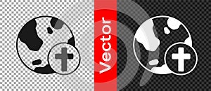 Black Christian cross with globe Earth icon isolated on transparent background. World religion day. Vector